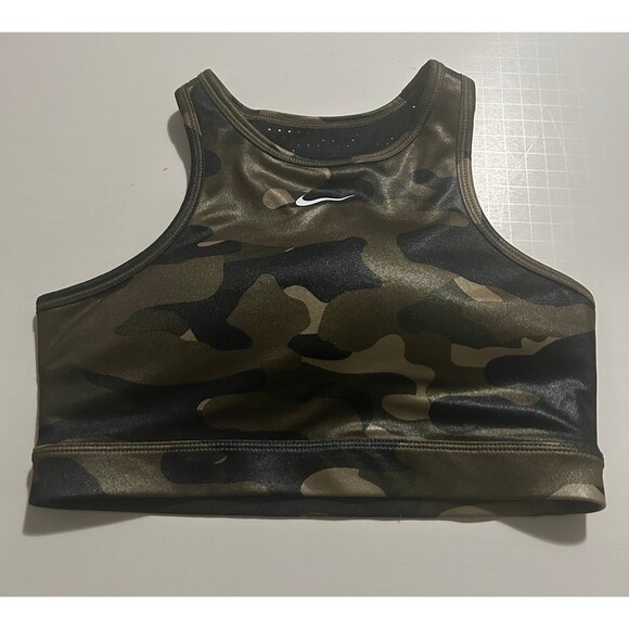 Nike Women's Dri-Fit Sports Bra High-Neck Green Camo Swoosh Logo XS - Picture 1 of 10